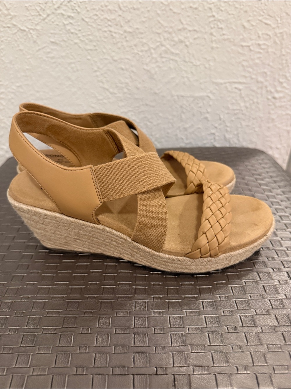 Orthopedic Tan Braided Espadrille Wedge Sandals with Elastic Cross Straps